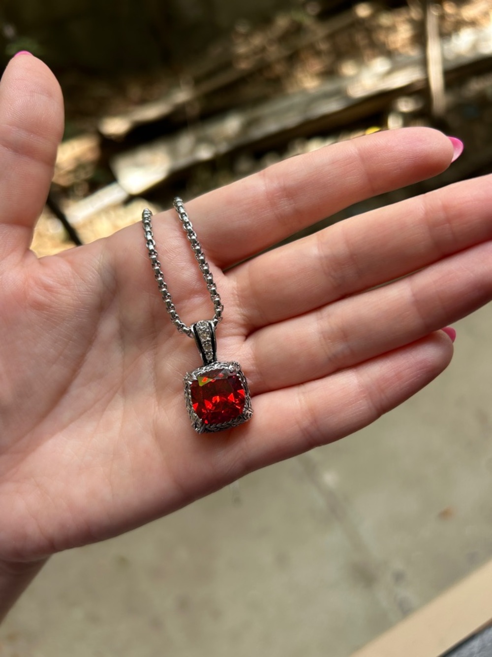 Elegant Silver Necklace with Red Cushion-Cut Pendant